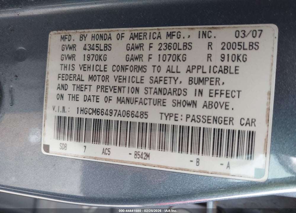 2007 HONDA ACCORD 3.0 SE VIN: 1HGCM66497A066485