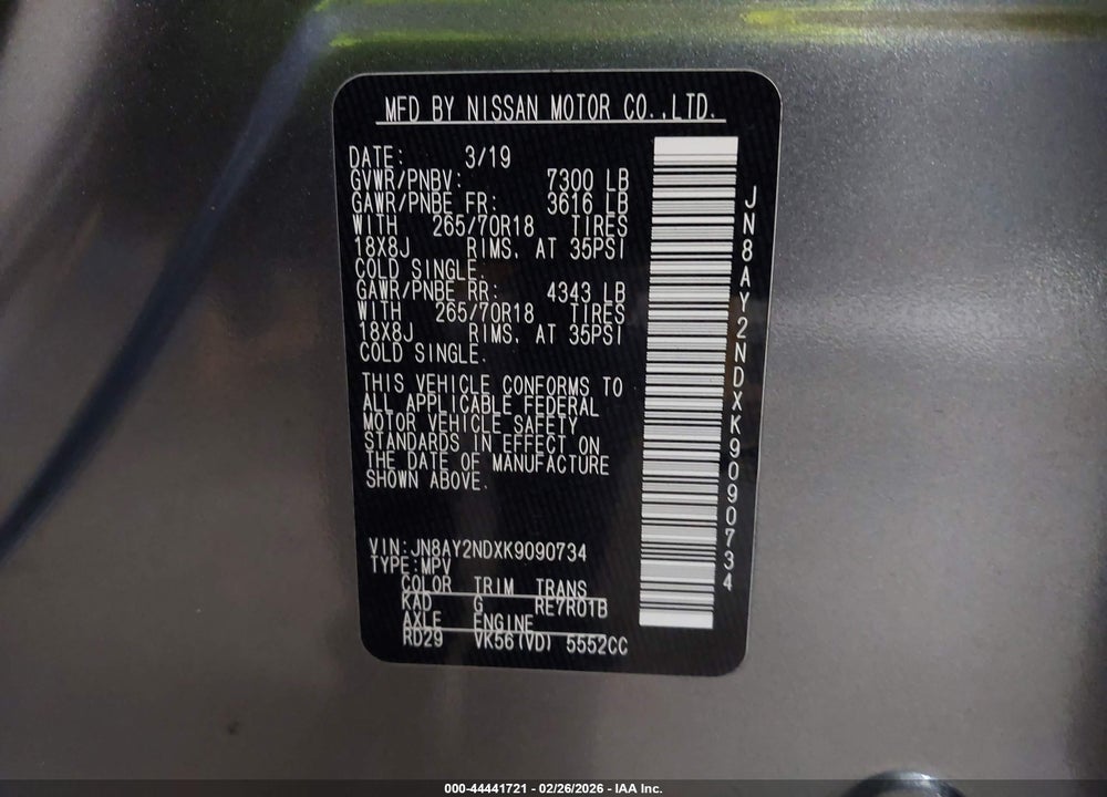 2019 NISSAN ARMADA SV VIN: JN8AY2NDXK9090734