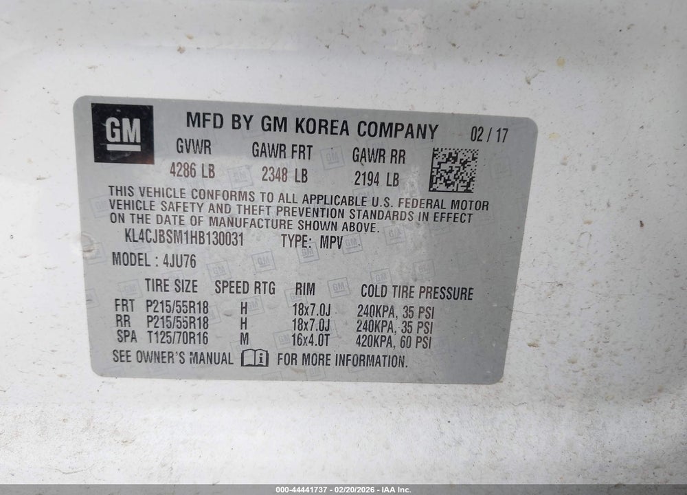 2017 BUICK ENCORE PREFERRED II VIN: KL4CJBSM1HB130031