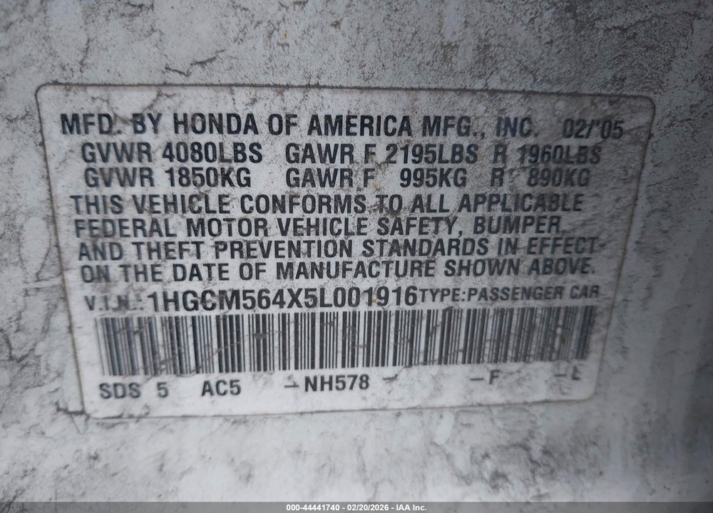 2005 HONDA ACCORD 2.4 LX VIN: 1HGCM564X5L001916