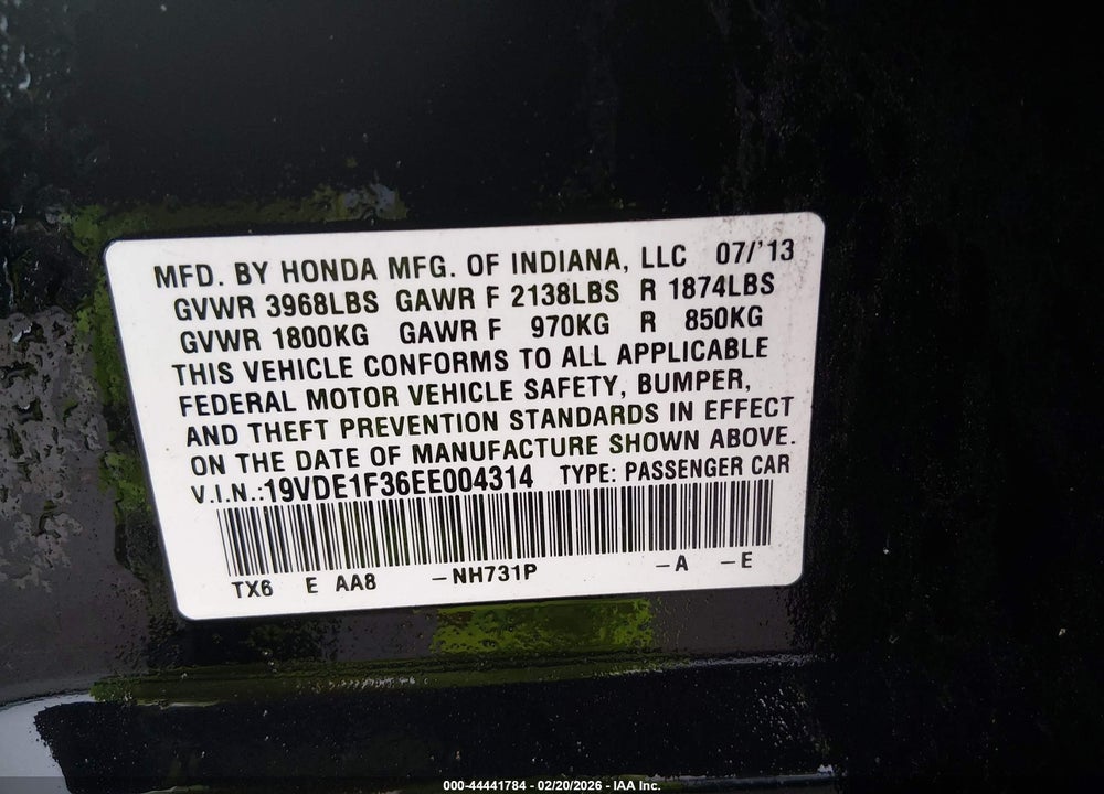 2014 ACURA ILX 2.0L VIN: 19VDE1F36EE004314