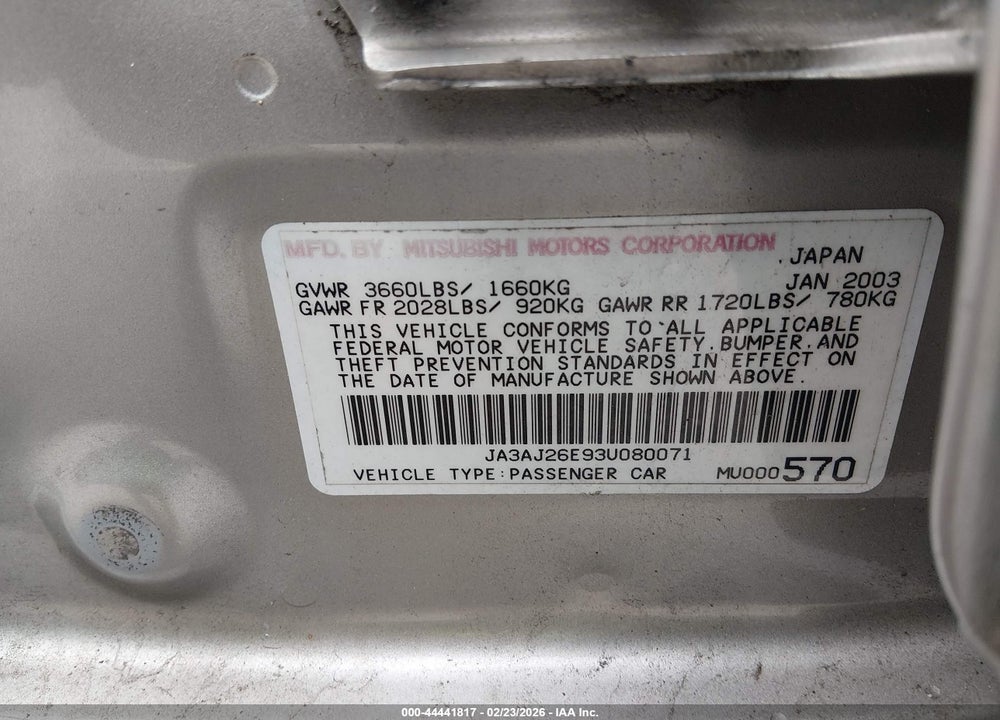 2003 MITSUBISHI LANCER ES VIN: JA3AJ26E93U080071