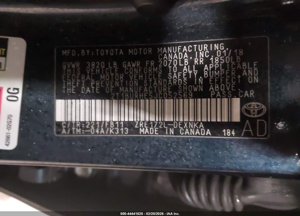 2018 TOYOTA COROLLA LE VIN: 2T1BURHE5JC052569