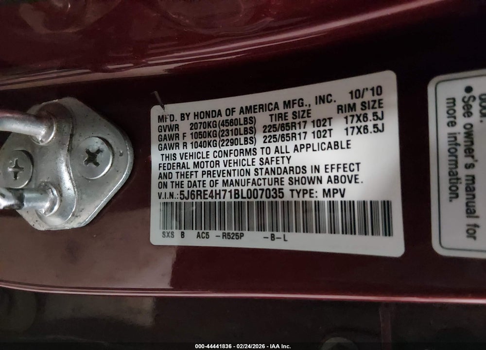 2011 HONDA CR-V EX-L VIN: 5J6RE4H71BL007035