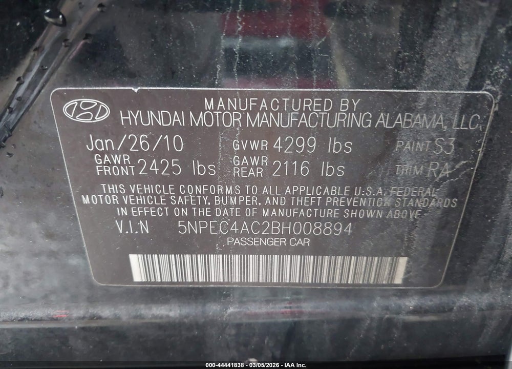 2011 HYUNDAI SONATA LTD VIN: 5NPEC4AC2BH008894