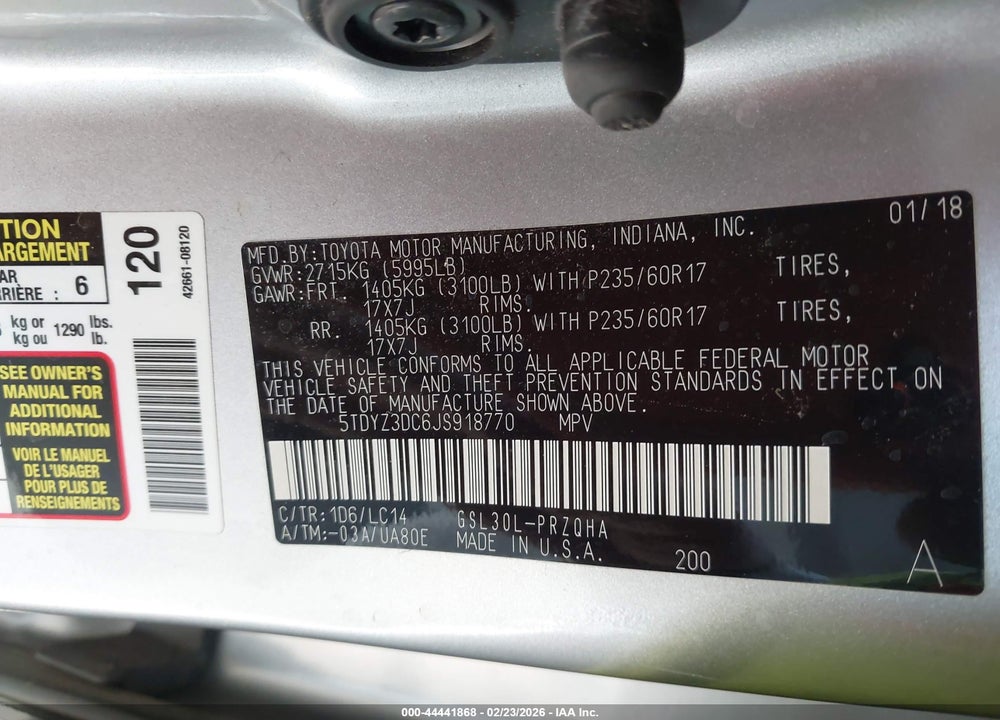 2018 TOYOTA SIENNA XLE 8 PASSENGER VIN: 5TDYZ3DC6JS918770
