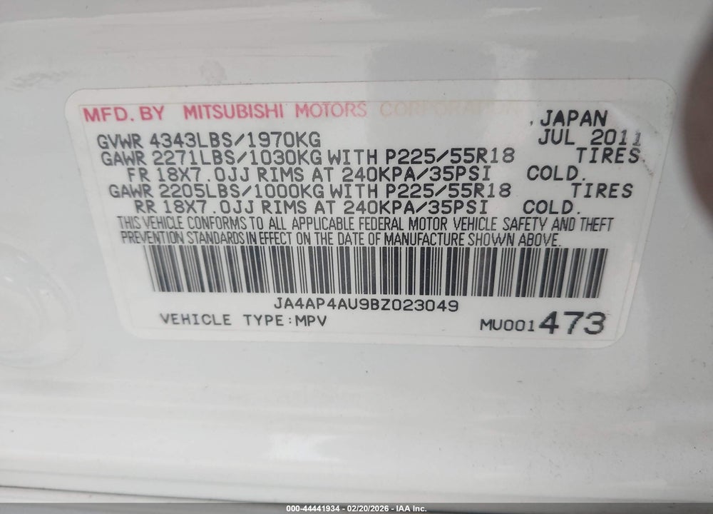 2011 MITSUBISHI OUTLANDER SPORT SE VIN: JA4AP4AU9BZ023049
