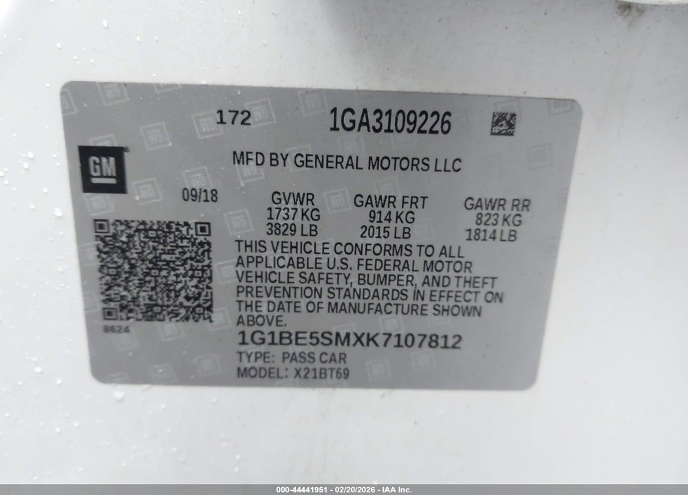 2019 CHEVROLET CRUZE LT VIN: 1G1BE5SMXK7107812
