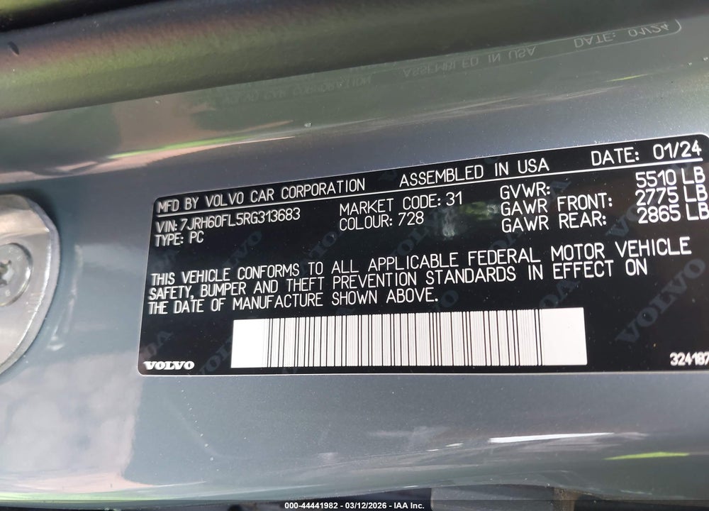 2024 VOLVO S60 RECHARGE PLUG-IN HYBRID T8 PLUS DARK THEME VIN: 7JRH60FL5RG313683