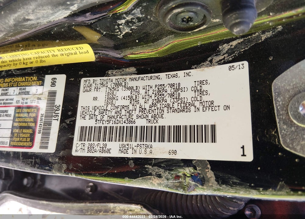 2013 TOYOTA TUNDRA GRADE 5.7L V8 VIN: 5TFEY5F16DX143866