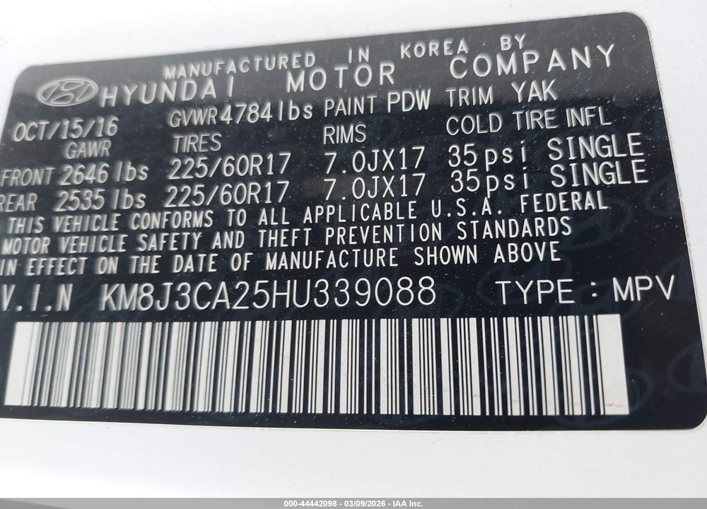 2017 HYUNDAI TUCSON ECO VIN: KM8J3CA25HU339088