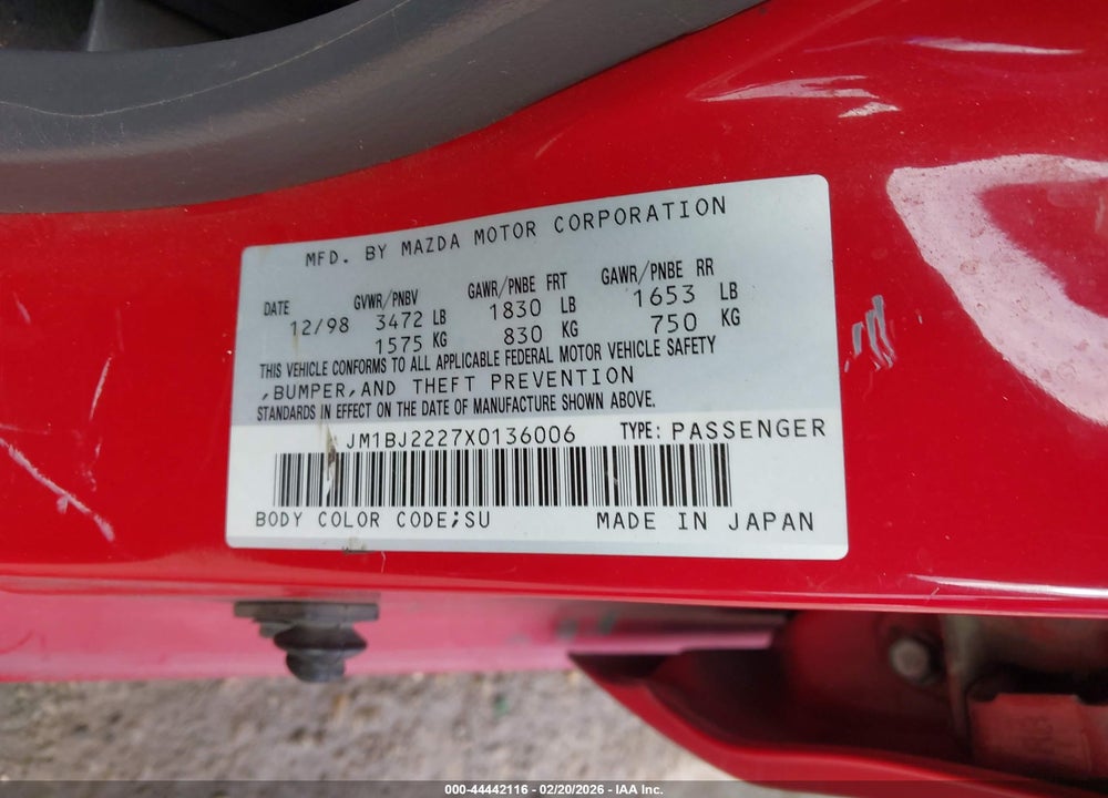 1999 MAZDA PROTEGE DX/LX VIN: JM1BJ2227X0136006