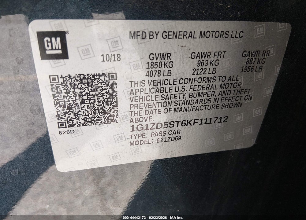 2019 CHEVROLET MALIBU LT VIN: 1G1ZD5ST6KF111712