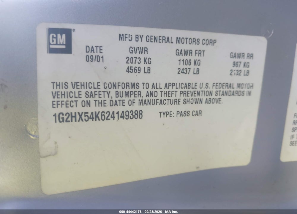 2002 PONTIAC BONNEVILLE SE VIN: 1G2HX54K624149388