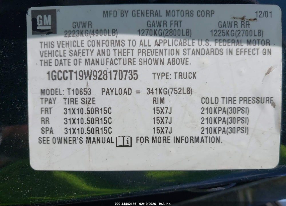 2002 CHEVROLET S-10 LS VIN: 1GCCT19W928170735