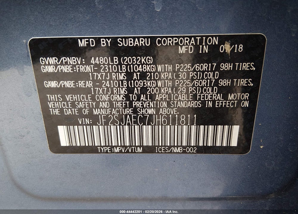 2018 SUBARU FORESTER 2.5I PREMIUM VIN: JF2SJAEC7JH611811