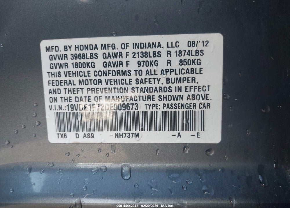 2013 ACURA ILX 2.0L VIN: 19VDE1F72DE009673