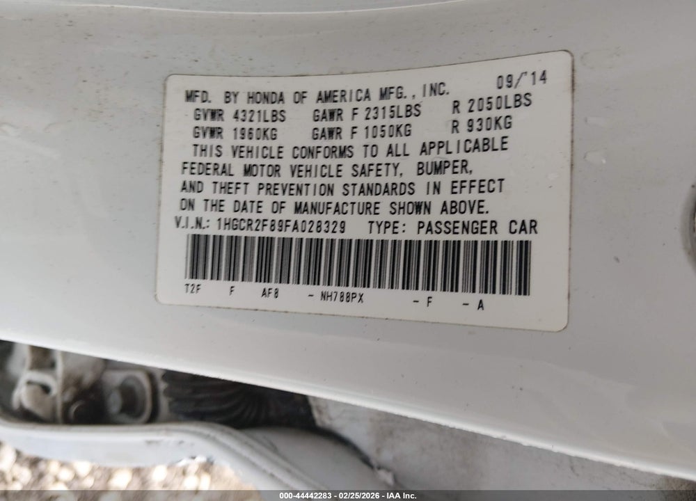 2015 HONDA ACCORD EX-L VIN: 1HGCR2F89FA028329