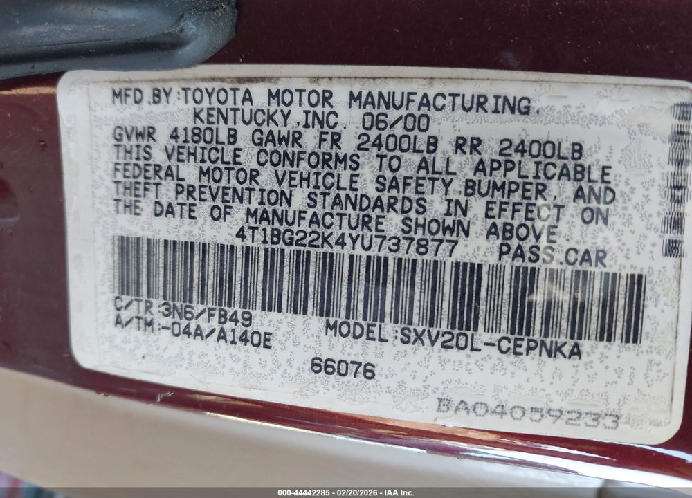 2000 TOYOTA CAMRY LE VIN: 4T1BG22K4YU737877