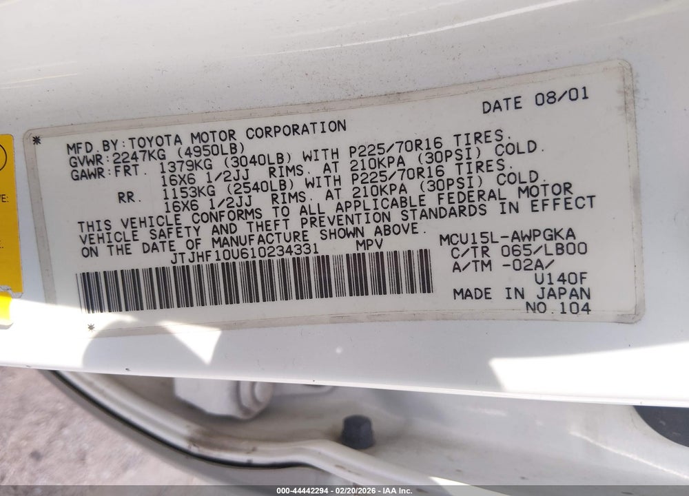 2001 LEXUS RX 300 BASE (A4) VIN: JTJHF10U610234331
