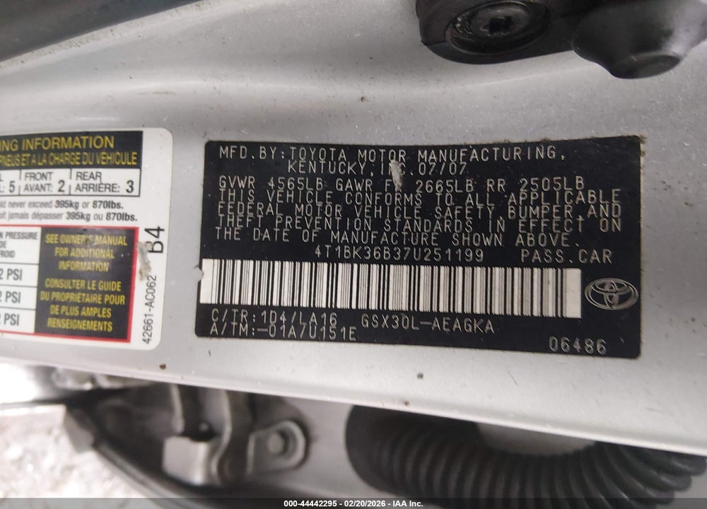 2007 TOYOTA AVALON XLS VIN: 4T1BK36B37U251199