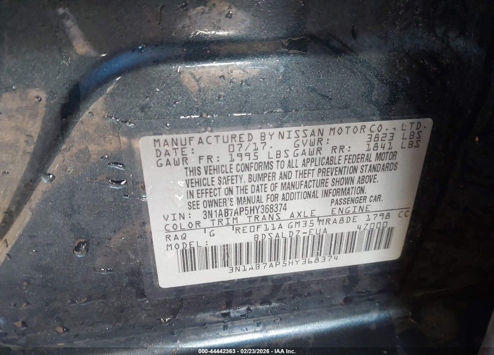 2017 NISSAN SENTRA SV VIN: 3N1AB7AP5HY368374