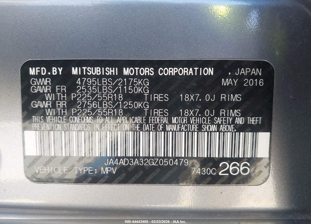 2016 MITSUBISHI OUTLANDER SE VIN: JA4AD3A32GZ050479