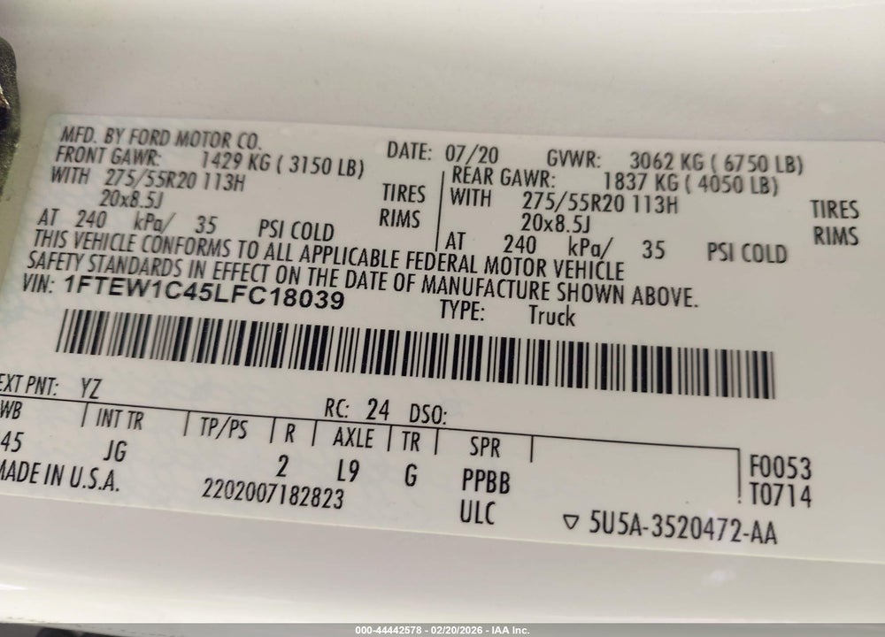 2020 FORD F-150 XL VIN: 1FTEW1C45LFC18039