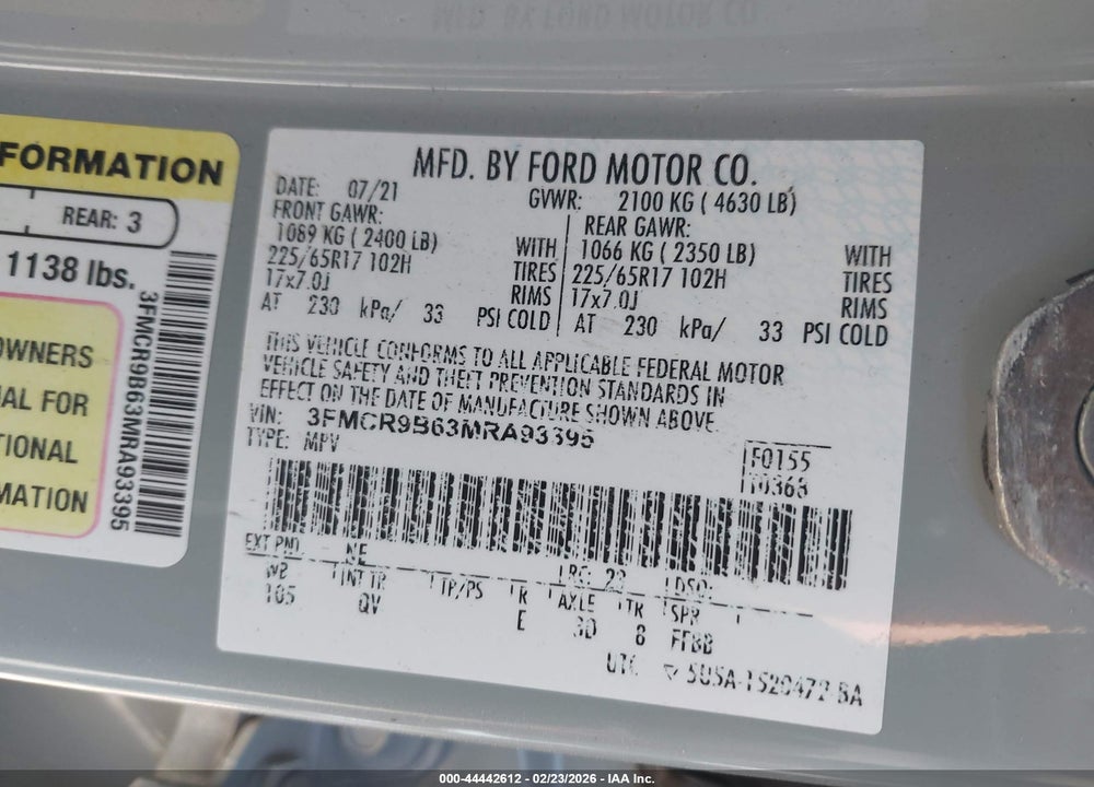 2021 FORD BRONCO SPORT BIG BEND VIN: 3FMCR9B63MRA93395