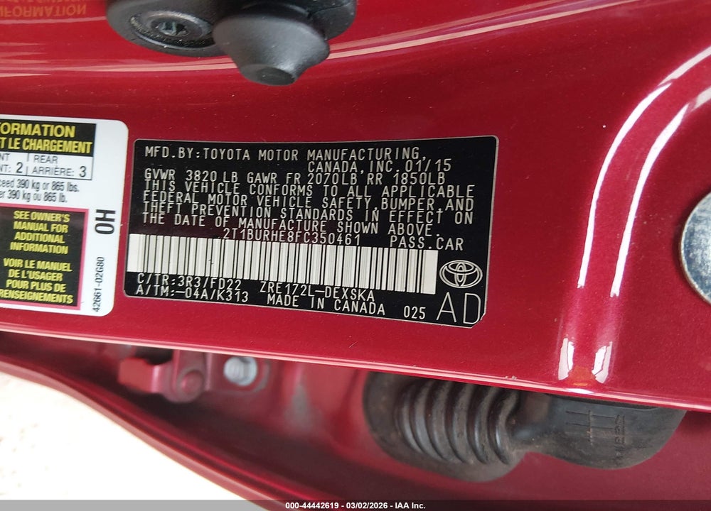 2015 TOYOTA COROLLA S PLUS VIN: 2T1BURHE8FC350461