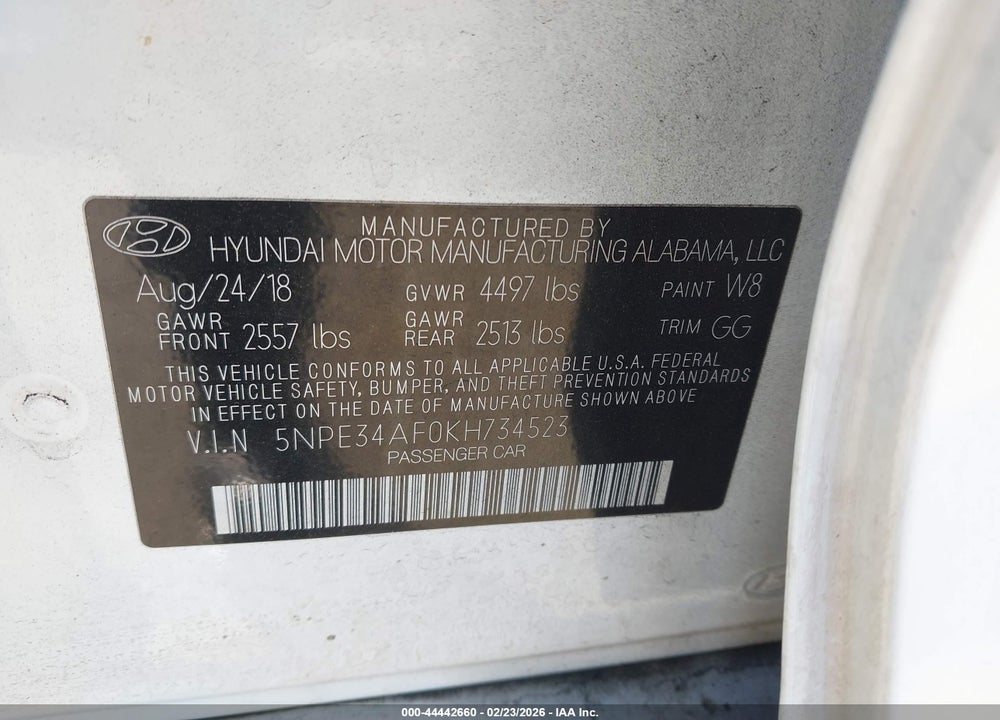 2019 HYUNDAI SONATA SEL VIN: 5NPE34AF0KH734523