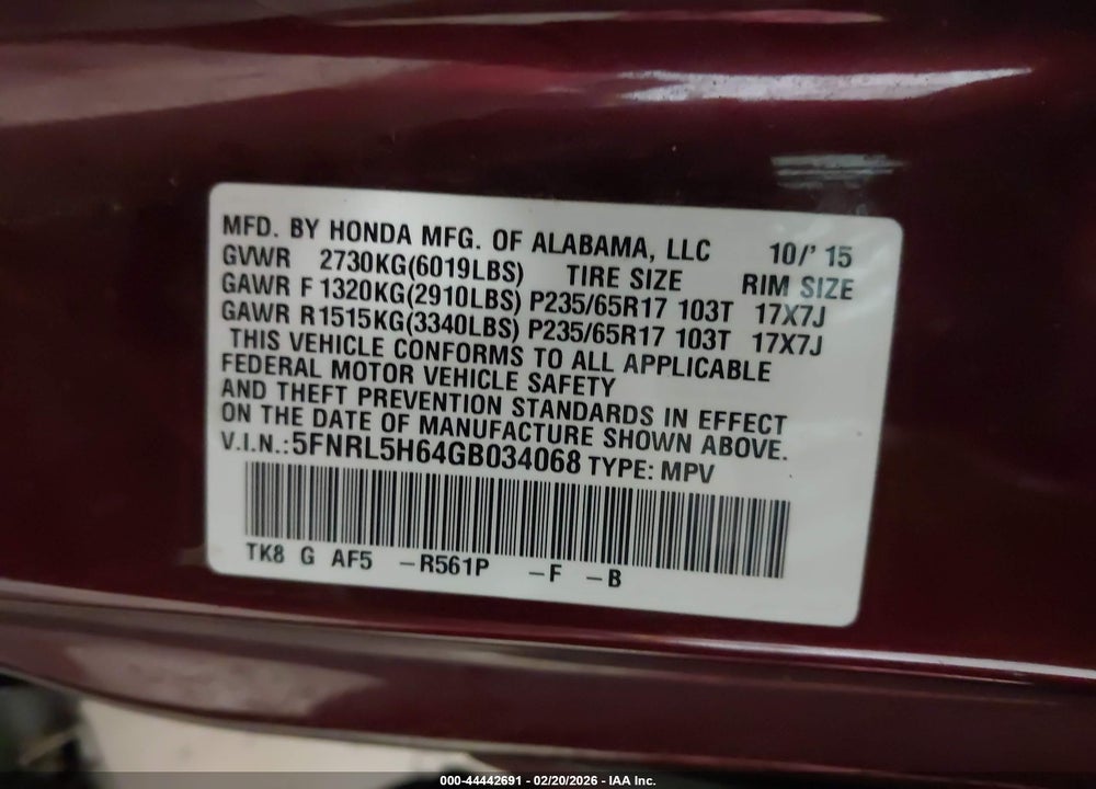 2016 HONDA ODYSSEY EX-L VIN: 5FNRL5H64GB034068