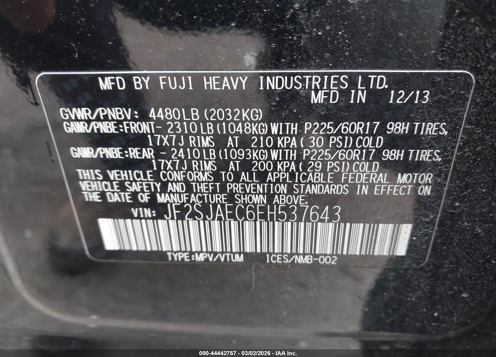 2014 SUBARU FORESTER 2.5I PREMIUM VIN: JF2SJAEC6EH537643