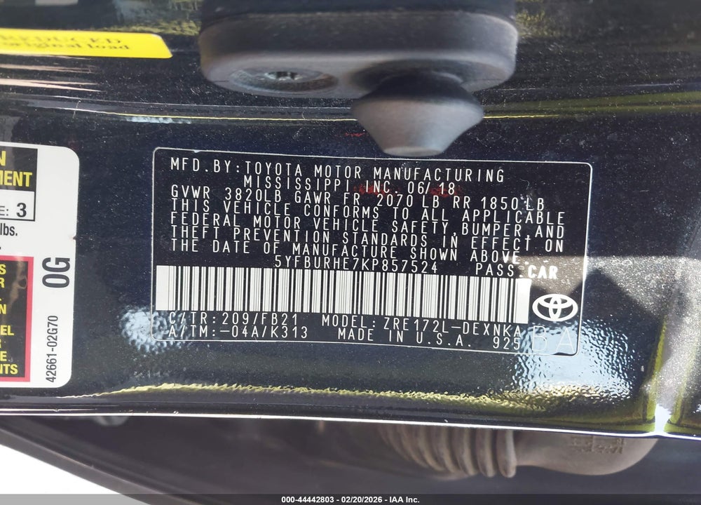 2019 TOYOTA COROLLA LE VIN: 5YFBURHE7KP857524
