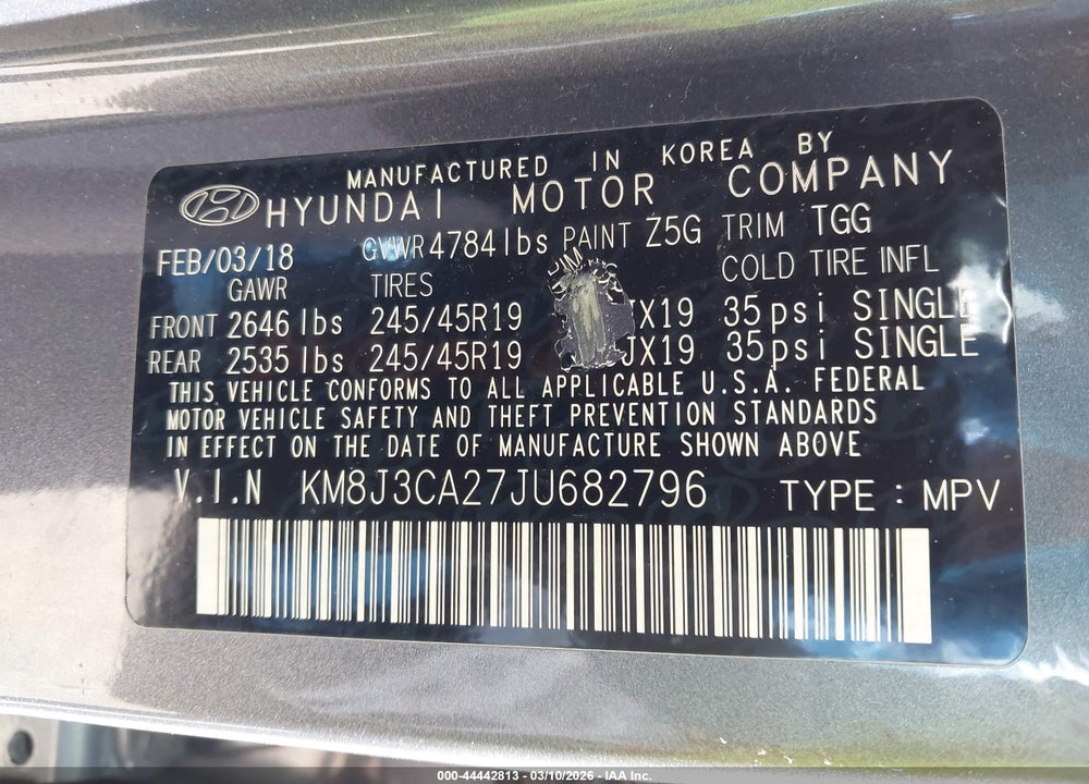 2018 HYUNDAI TUCSON VALUE VIN: KM8J3CA27JU682796