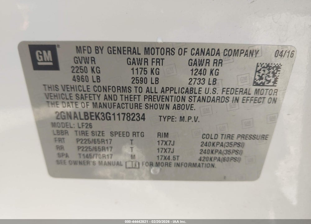 2016 CHEVROLET EQUINOX LS VIN: 2GNALBEK3G1178234