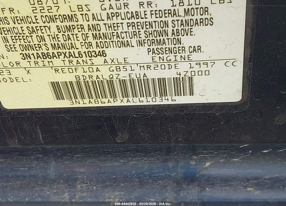 2010 NISSAN SENTRA VIN: 3N1AB6APXAL610346