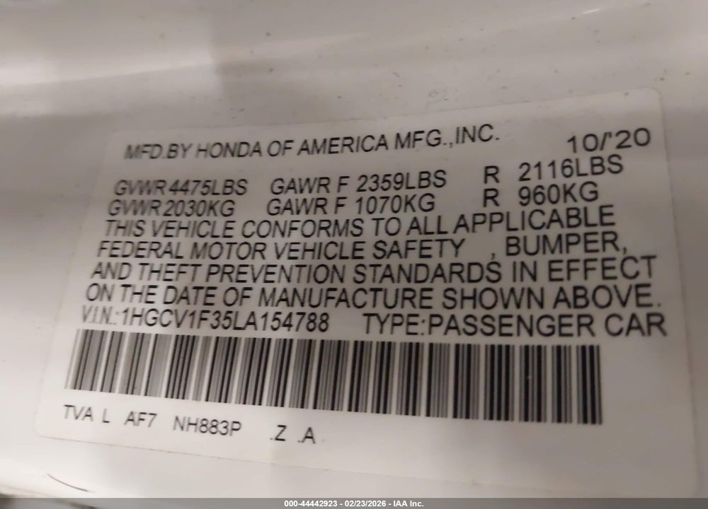 2020 HONDA ACCORD SPORT VIN: 1HGCV1F35LA154788