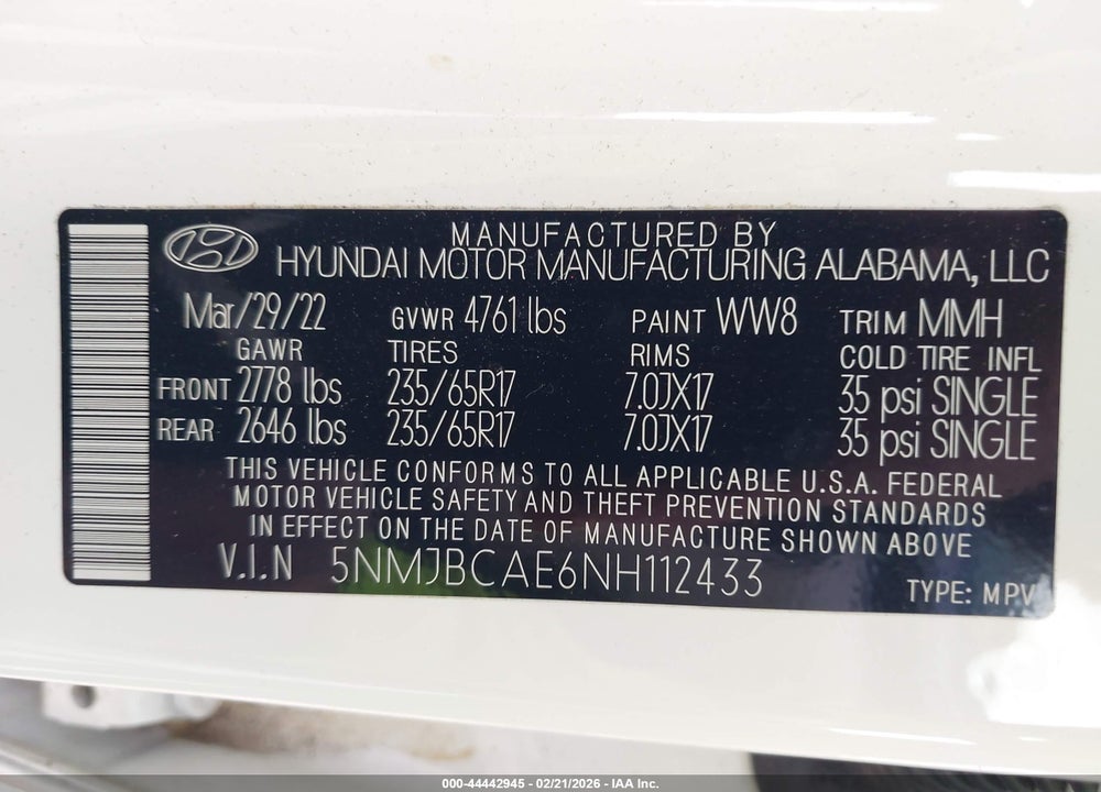 2022 HYUNDAI TUCSON SEL VIN: 5NMJBCAE6NH112433