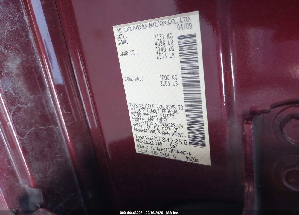 2009 NISSAN MAXIMA 3.5 SV VIN: 1N4AA51E29C847256