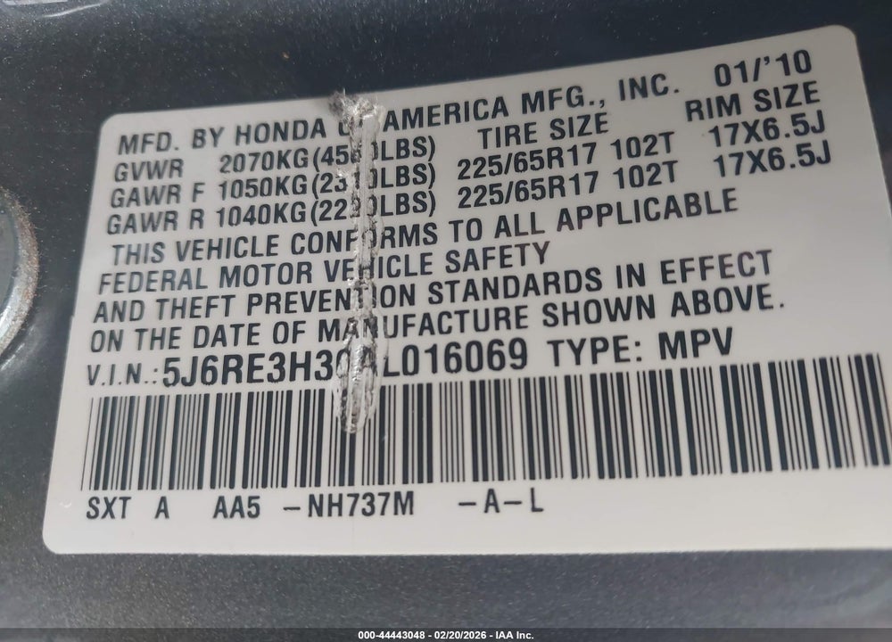 2010 HONDA CR-V LX VIN: 5J6RE3H30AL016069