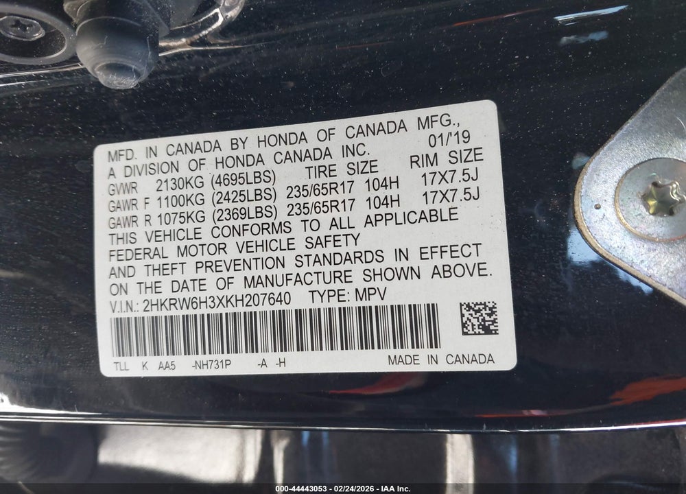 2019 HONDA CR-V LX VIN: 2HKRW6H3XKH207640