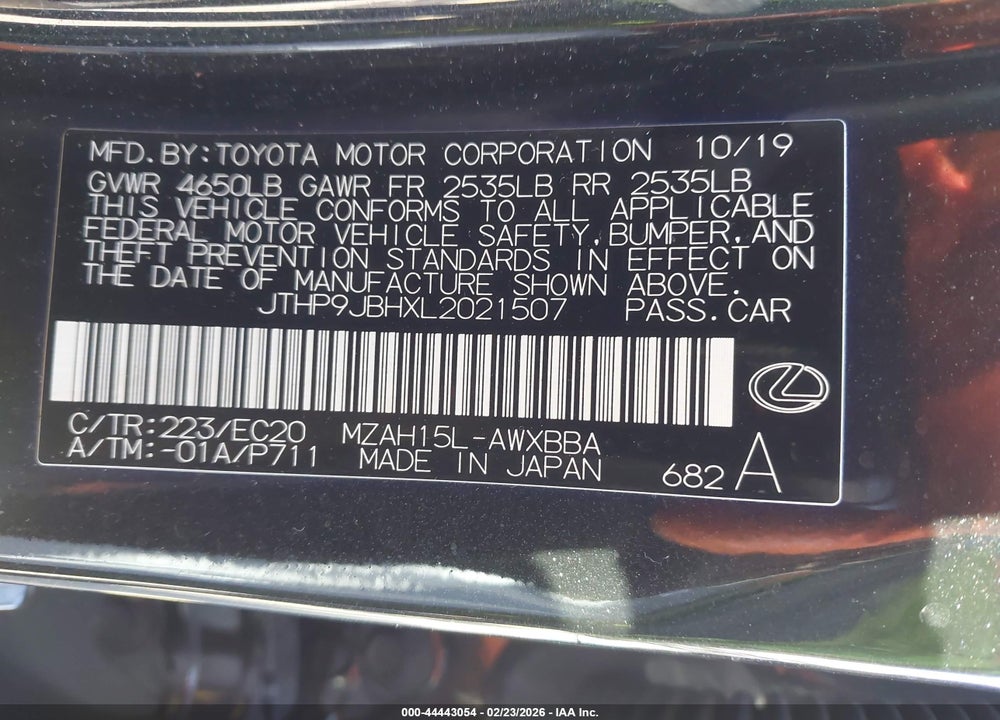 2020 LEXUS UX 250H VIN: JTHP9JBHXL2021507