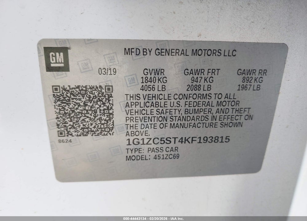 2019 CHEVROLET MALIBU 1FL VIN: 1G1ZC5ST4KF193815
