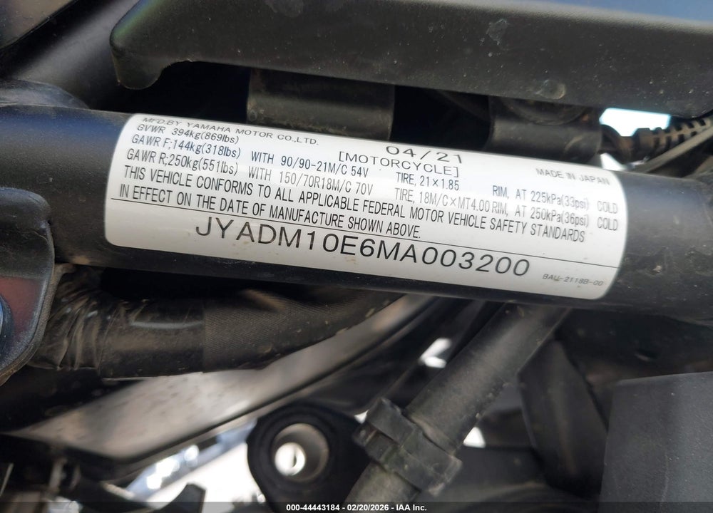 2021 YAMAHA XTZ690 VIN: JYADM10E6MA003200