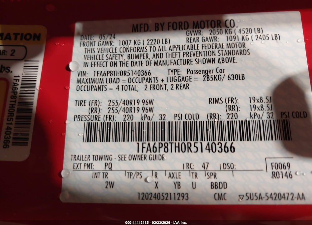 2024 FORD MUSTANG ECOBOOST FASTBACK VIN: 1FA6P8TH0R5140366