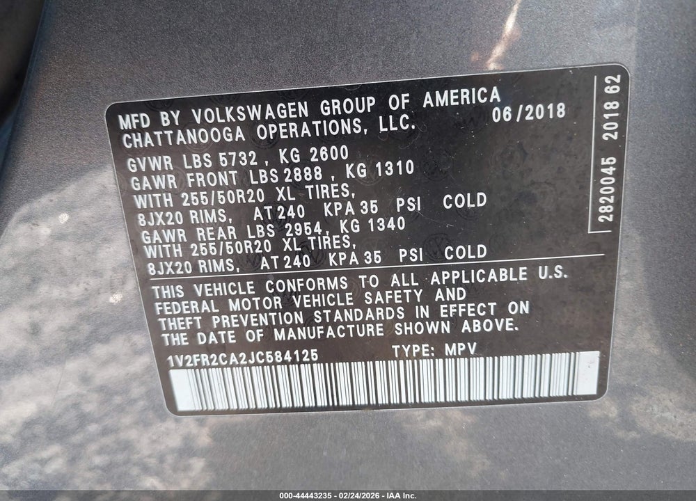 2018 VOLKSWAGEN ATLAS 3.6L V6 SE W/TECHNOLOGY VIN: 1V2FR2CA2JC584125
