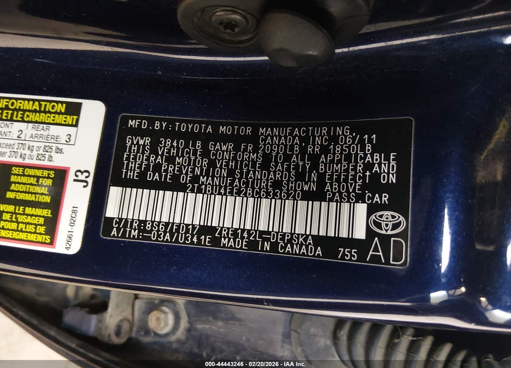 2011 TOYOTA COROLLA S VIN: 2T1BU4EE2BC633620