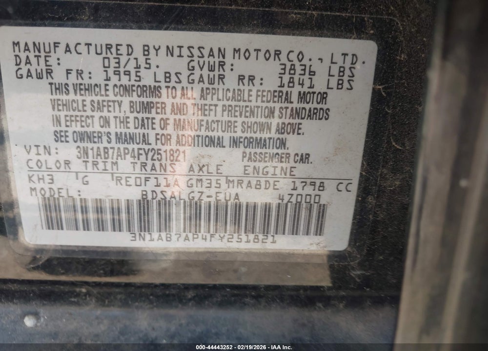 2015 NISSAN SENTRA FE+ S/S/SL/SR/SV VIN: 3N1AB7AP4FY251821