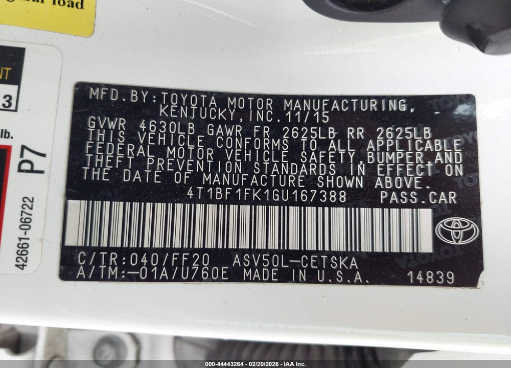 2016 TOYOTA CAMRY SE VIN: 4T1BF1FK1GU167388